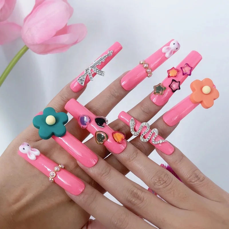 Ms.Miemie Extra Long Square ABS Press-On Artificial Fingernails Handmade 3D  Design Lovely Furry Flowers Nail Tips