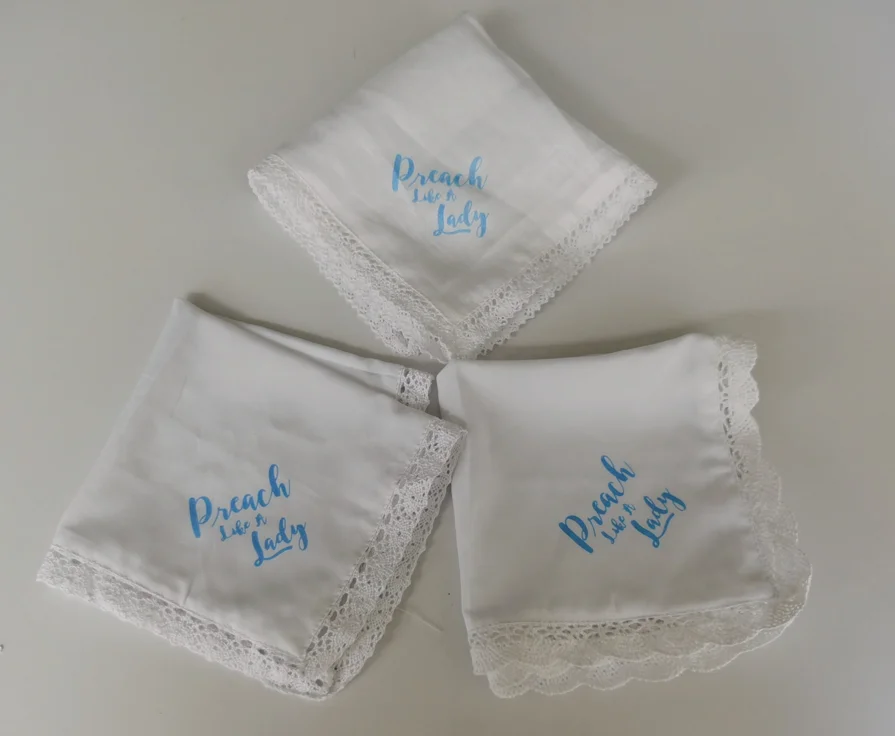 100% cotton white ladies lace hem handkerchiefs in cotton or linen material with printing embroidery logo