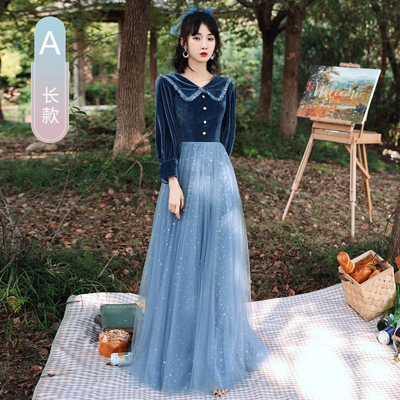 Bridesmaid dress for autumn and winter new starry sky bule sister group long evening dress performance dress  AG2592