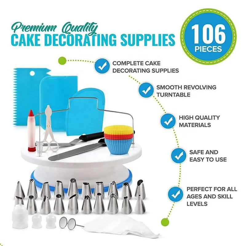 Free Samples 106 Pcs Cake Rotating Set Baking Tool Set 11 Inches Non Slip Cake Stand Cake Turntable