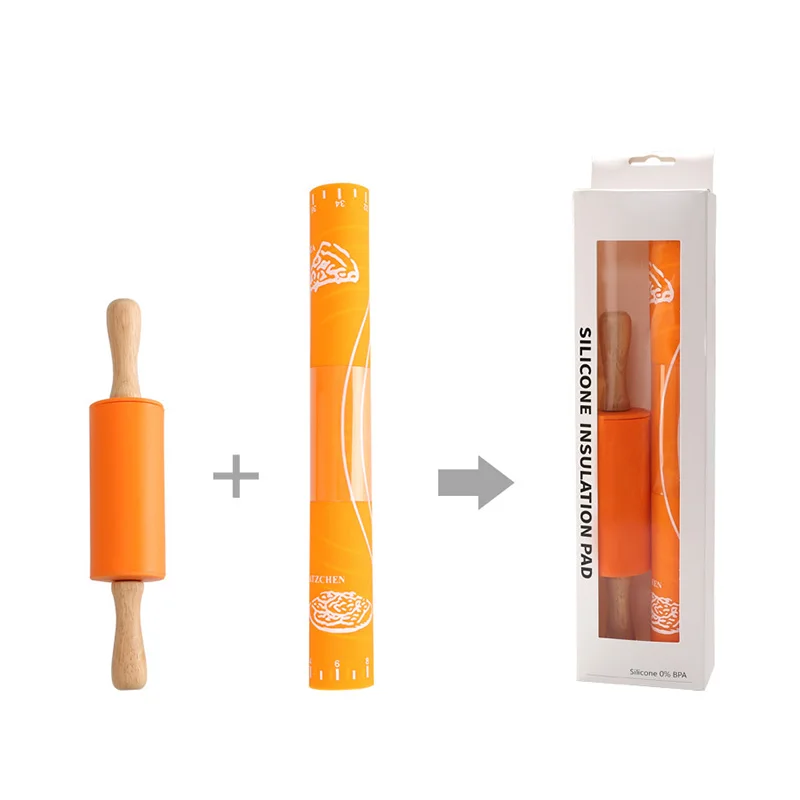 
Kitchen Tool Wooden Silicone Rolling Pin and Thick Silicone Kneading Pad Set 