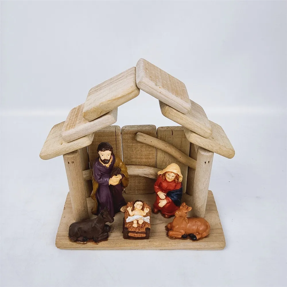 Christmas Nativity Set with Wooden Stable and Polyresin Figurines