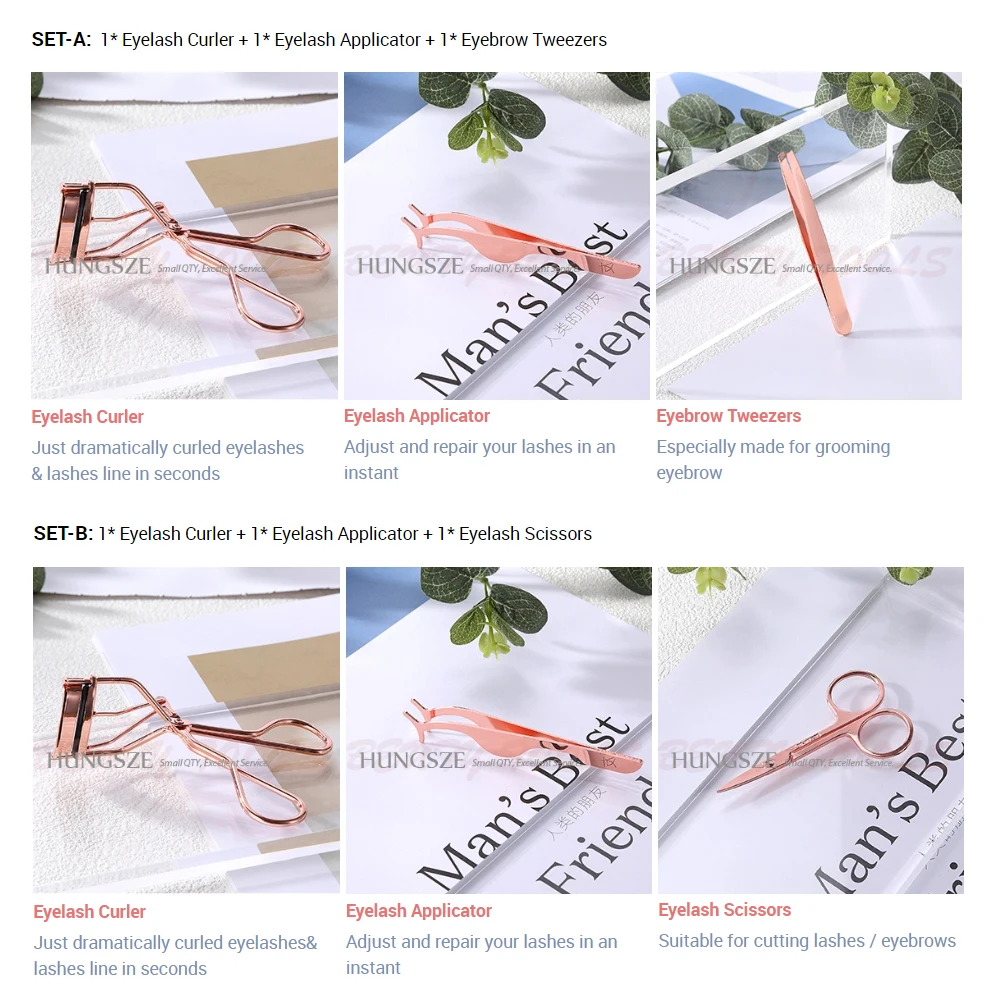 
3-pieces Stainless Steel Eyelash Curler Rose Gold Eyelash Applicator Eyebrow Tweezers Set 