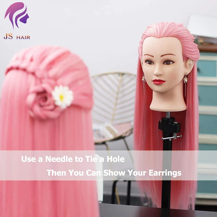 Long pink manikin head doll for braiding practice,synthetic hair styling mannequin head training teaching dummy doll