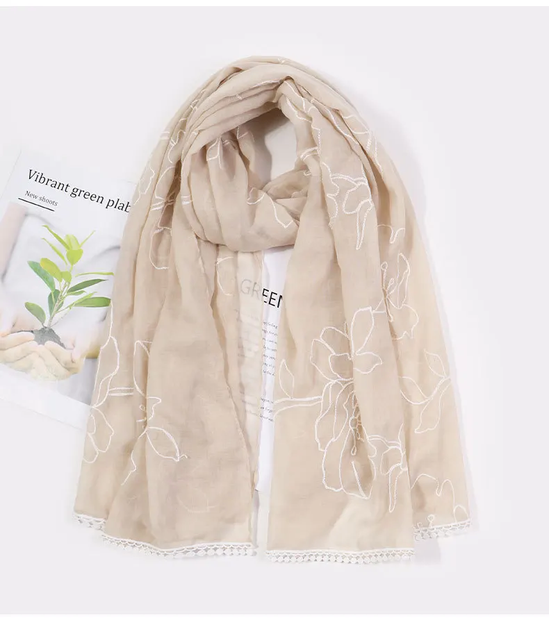 
2021 hot sale Large Floral Embroidery with lace trim edge beach scarf cover up shawls 