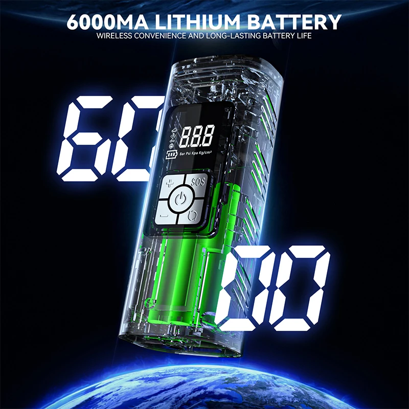 LCD display 6000mAh Battery 12V Wireless inflator Pump Portable Electric Tire Inflator With Nozzle Set For Car, Motor, Bike
