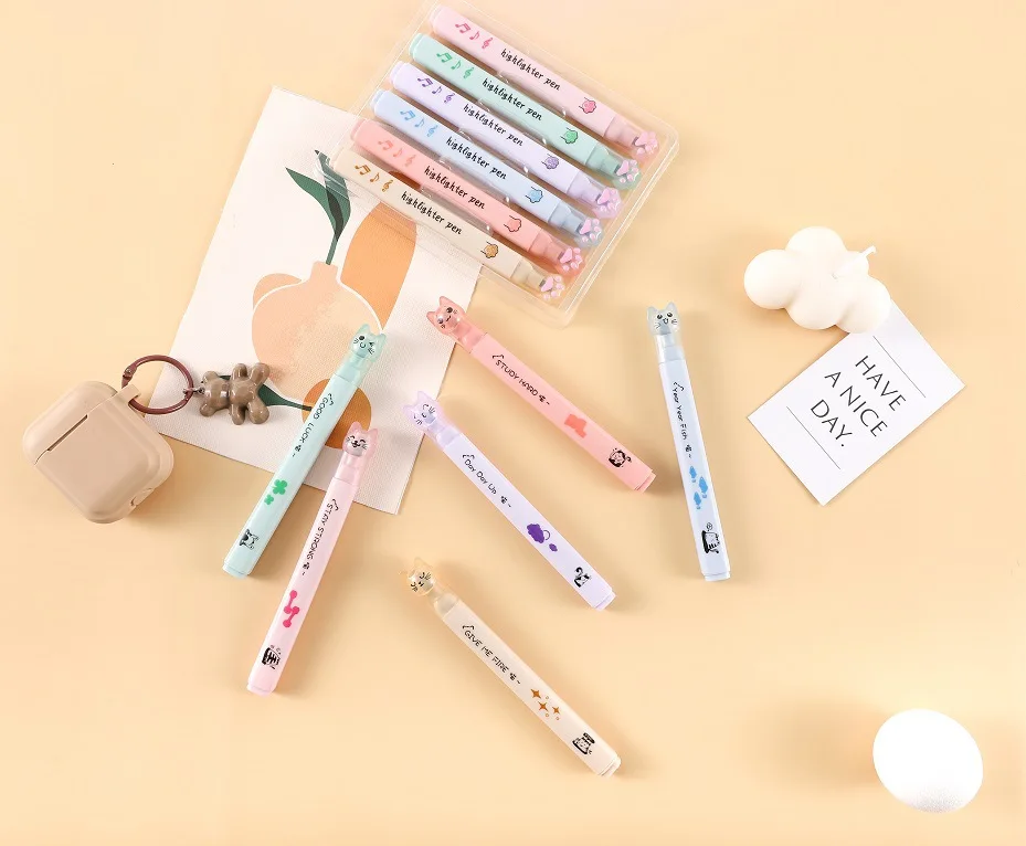 Cute Cat Highlighter Creative Milk Tea Color Student Stationery Accent Marking Hand Account Pen Set