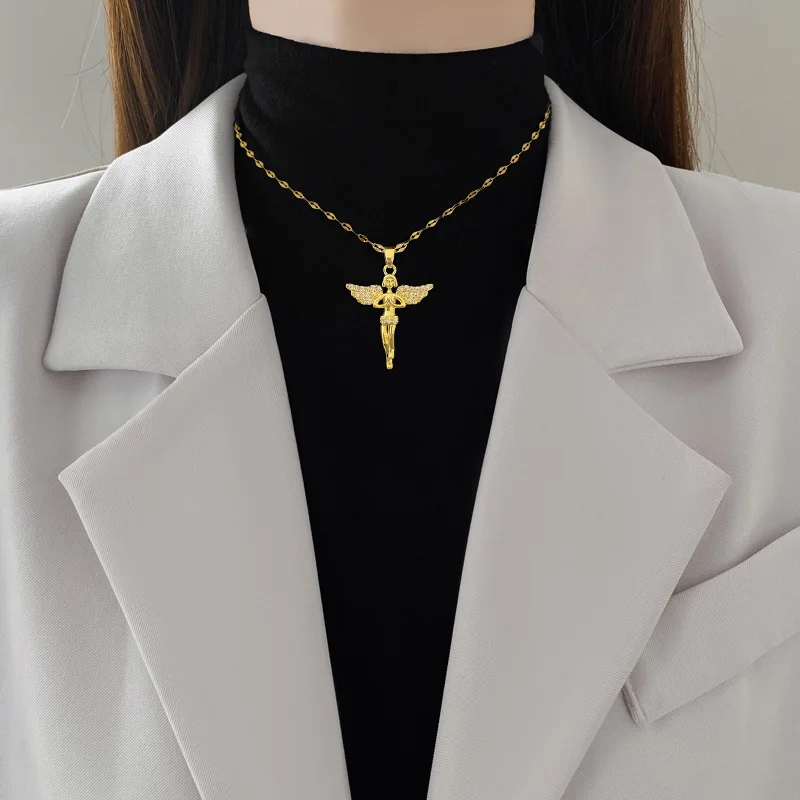 Gold Chain Necklaces Pray Angel Wing with Cubic Zircon Charm Necklace Jewelry Exquisite Gold Plated Cute Necklace For Woman