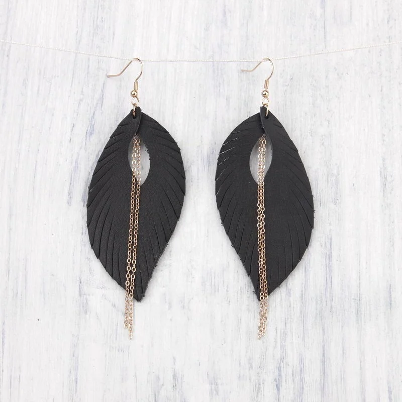 
Cutout Genuine Leather Fringe Tassel Feather Dangle Drop Earrings for Women 