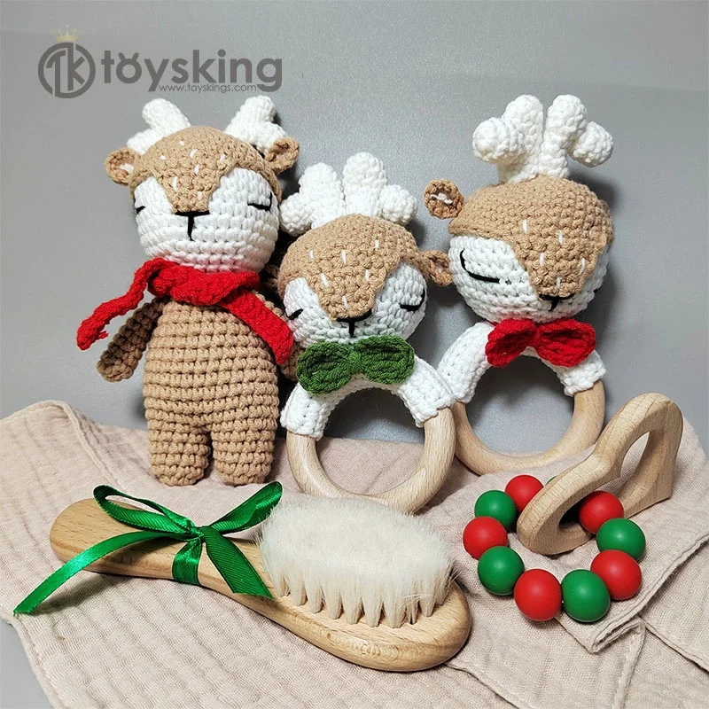 TK Wholesale Wooden Rattle Silicone Bubble beads Crochet Toy Soft Deer Reindeer Cute Baby Teether for Christmas