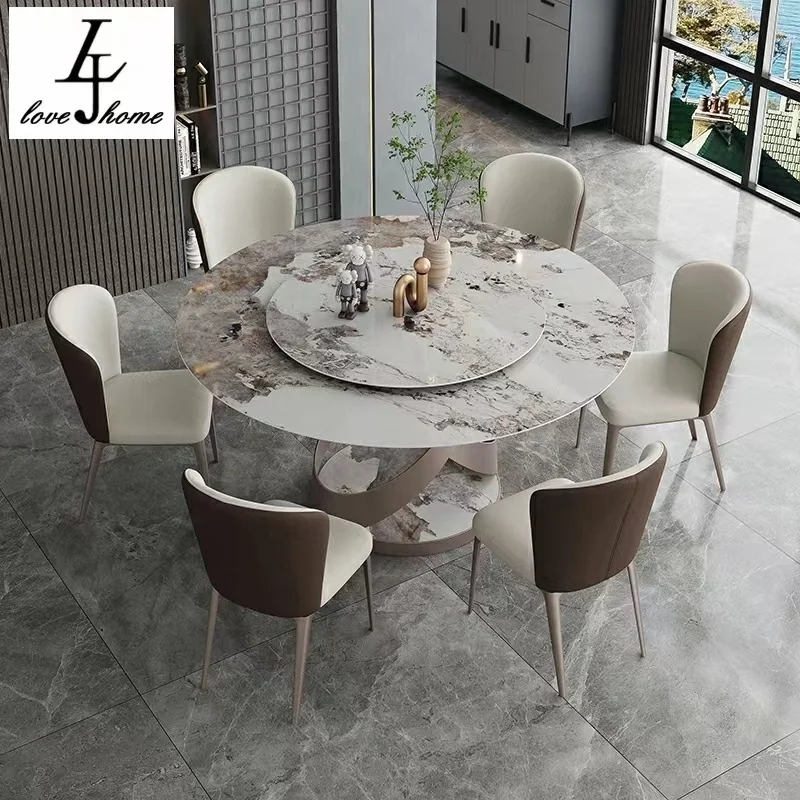 Modern design Italian carbon steel leg rock plate round table sintered marble table with 6 dining chairs
