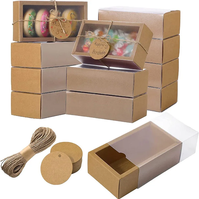 Wholesale Custom Kraft Paper Jute Rope Clear Window Gift Box Packaging Drawer Box Birthday Party Kids Transparent Gift Box
