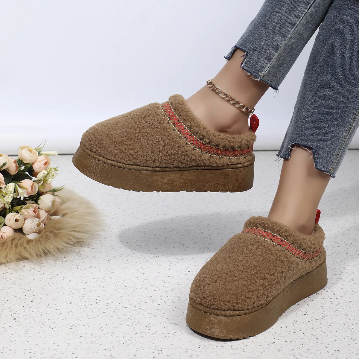 Net Celebrant Lamb Wool Snow Boots Puffin Toe Autumn Winter New Thick Bottom Ankle Height Warm Non-slip Fur Insole Material PU