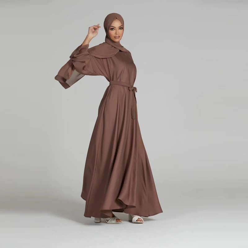 Muslim Eid 100% Polyester Nidha Dusky Taupe Umbrella Cut Belt Closed Crew Neck Abaya Women Muslim Dress