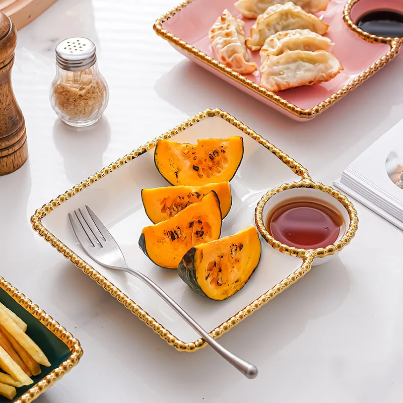 factory directly supply white with gold bead ceramic serving  plate  for breakfast kitchen home