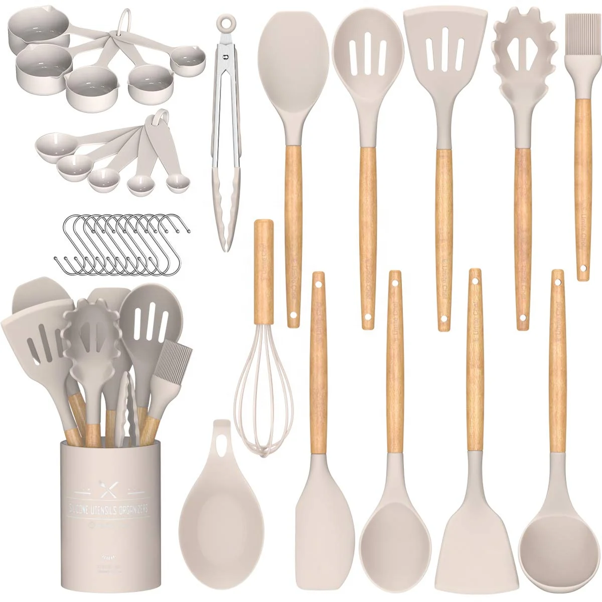 33-Piece Custom Kitchen Set with Silicone Spatula and Wood Handle Hook for Home or Picnic Serving Utensils