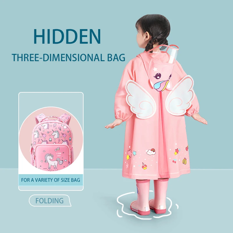 Girls Boys Raincoat wholesale Girls kindergarten elementary school children baby schoolbag bit poncho