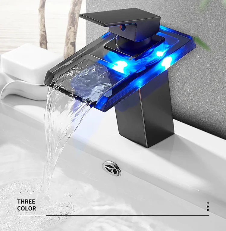 3 RGB Color Change Hot and Cold Basin Brass Mixer Toilet Tap Bathroom Sink Led Waterfall Faucet Colorful