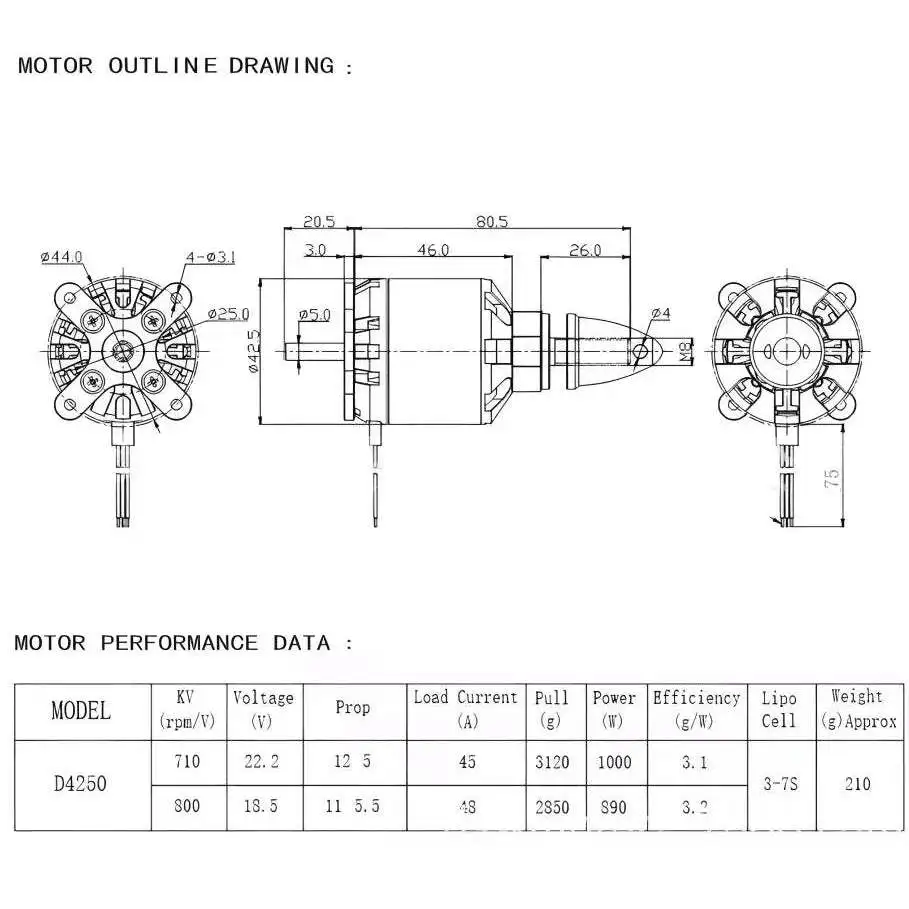 D4250 800KV Fixed Wing Aircraft Model drone Brushless Motor for 3D Simulation UAV RC FPV Long Range Quadcopter drones Models DIY