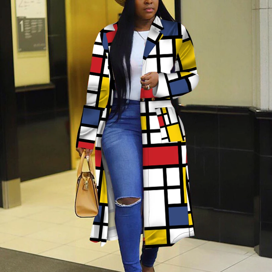 
Wholesale Trendy Colorful Grid Check Printed Double-Breasted Lapels Trench Long Coat 5Xl Plus Size Women Jackets And Coats 2020 