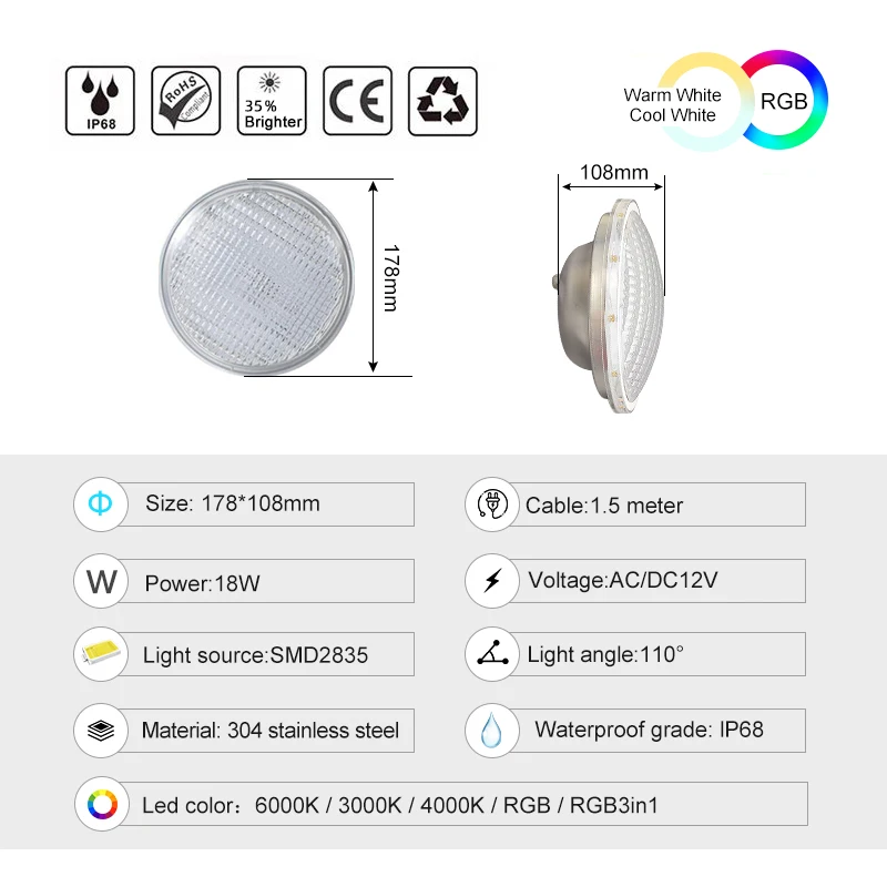 New 304 Stainless Steel 18W 24W Waterproof IP68 Led Underwater Par 56 Rgb Smart Underwater Lighting Swimming Pool Light