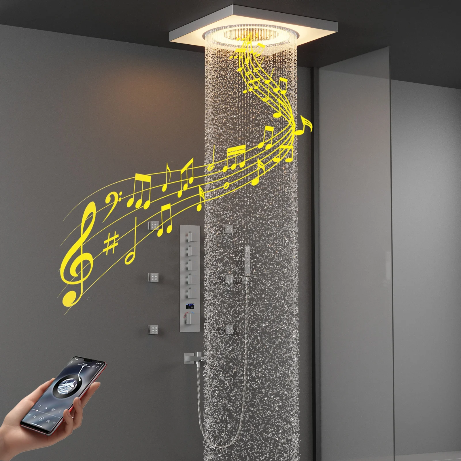 Ceiling Luxury LED Music Shower Head Smart Modern Bathroom LED Shower System Set Digital Display Hot and Cold Shower Mixer