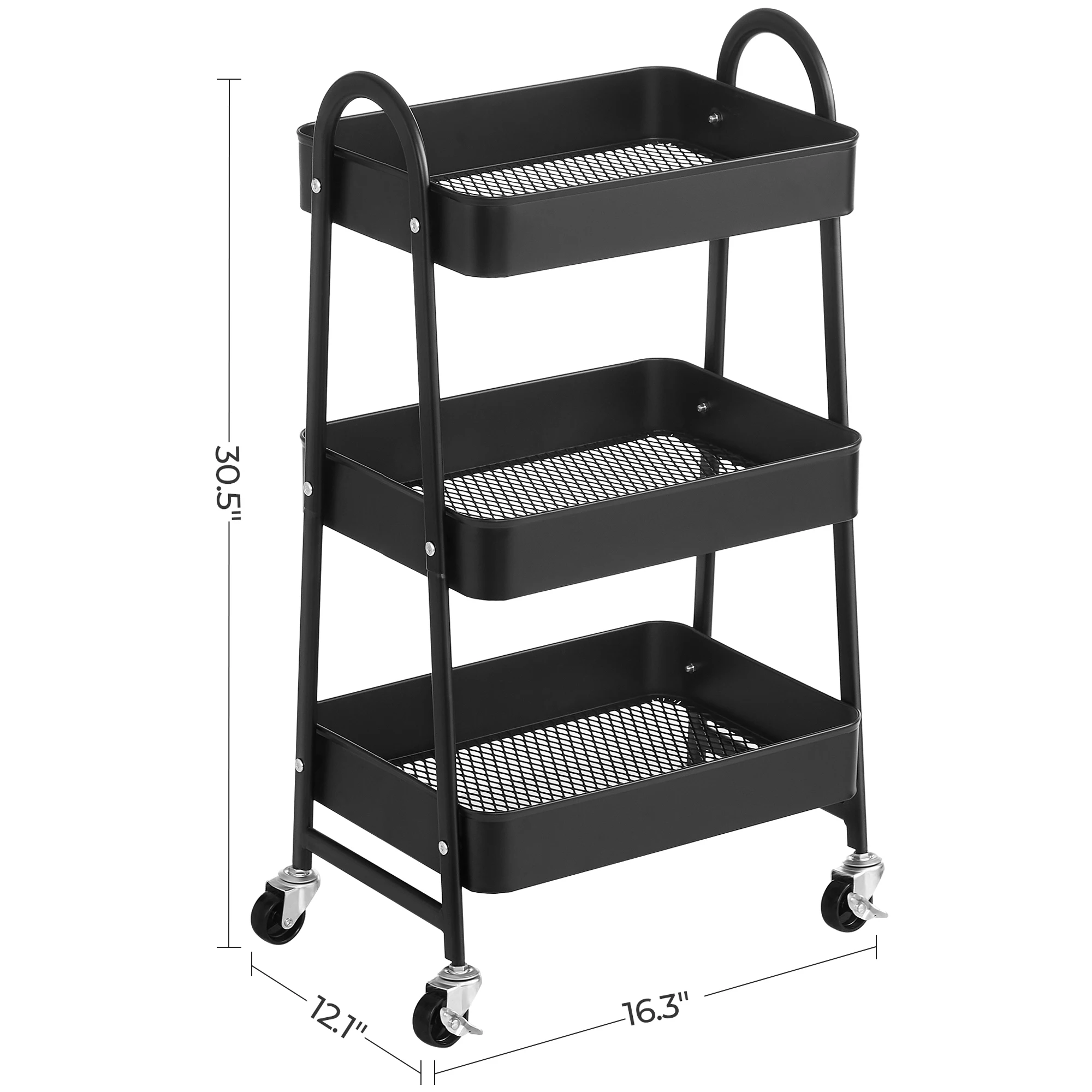 SONGMICS Low Price White Folding Storage Shelf Metal Cart 3-Tier Rolling Cart Kitchen Rack Trolley