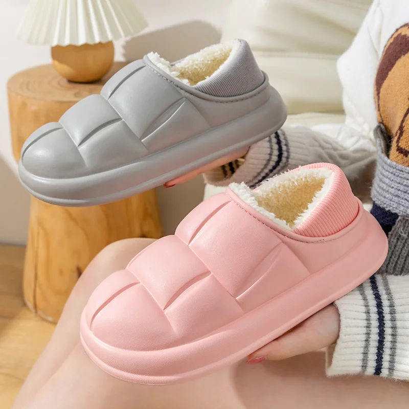 New Hot Sale Winter Warm Washable Soft Platform EVA Outside Furry Inside Cotton Slippers Ankle Snow Boots for Couple Man Women