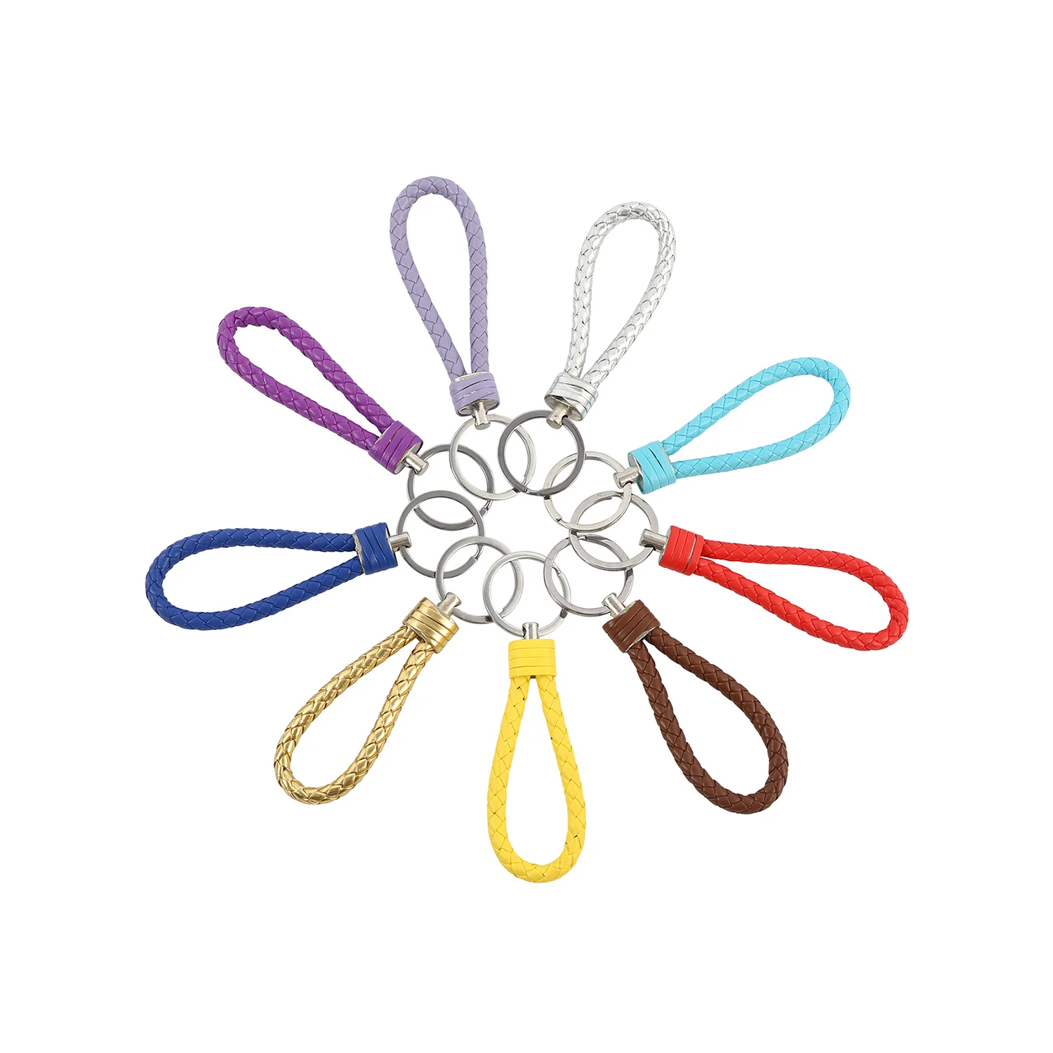 Braided leather rope double loop metal keychain unisex car key chain mobile phone pendant creative key ring