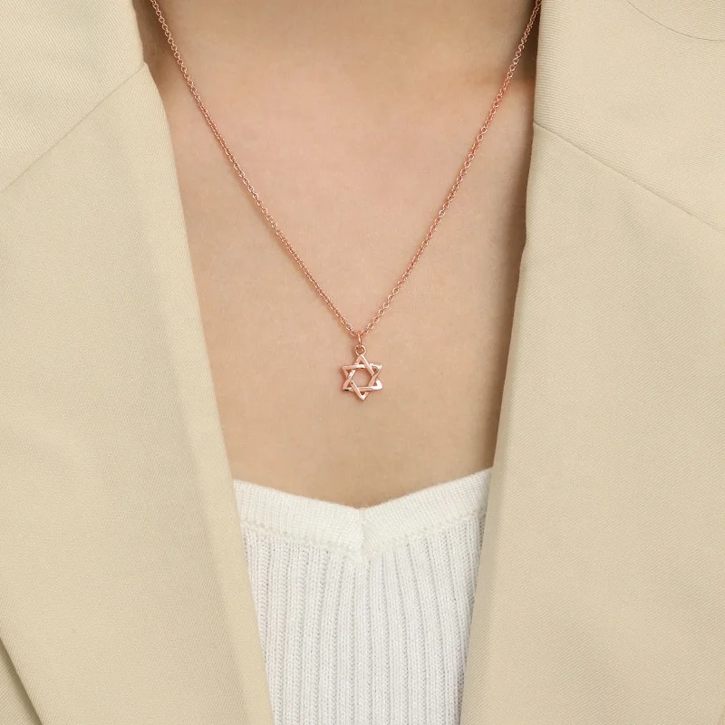 14k Gold plated Jewish Gold David Star Necklace Neutral Hex Star Heart Lucky Necklace 925 sterling silver