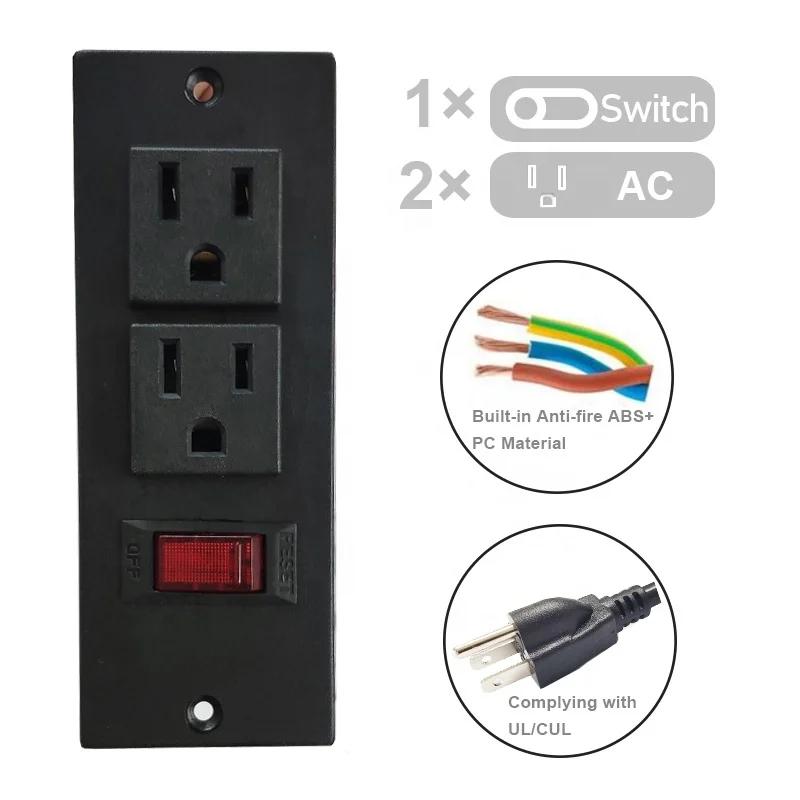 125V AC 2 outlet surface socket with circuit breaker switch rocker switch 2m 16AWG power strip