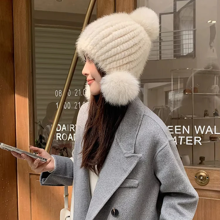 manufactures Winter knitted beanie With Fox Pompom Warm blank hats Woven Knit Caps Female Fashion women hat