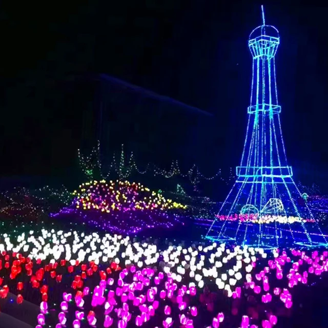 Outdoor Park Resort Decoration Fabric Artificial Rose Flower Led Christmas Lights