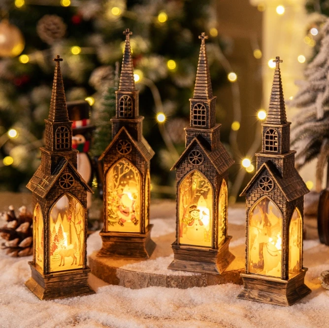 Plastic led night light small wind lamp Steeple church vintage bronze color christmas gift decoration night light led mini lamp