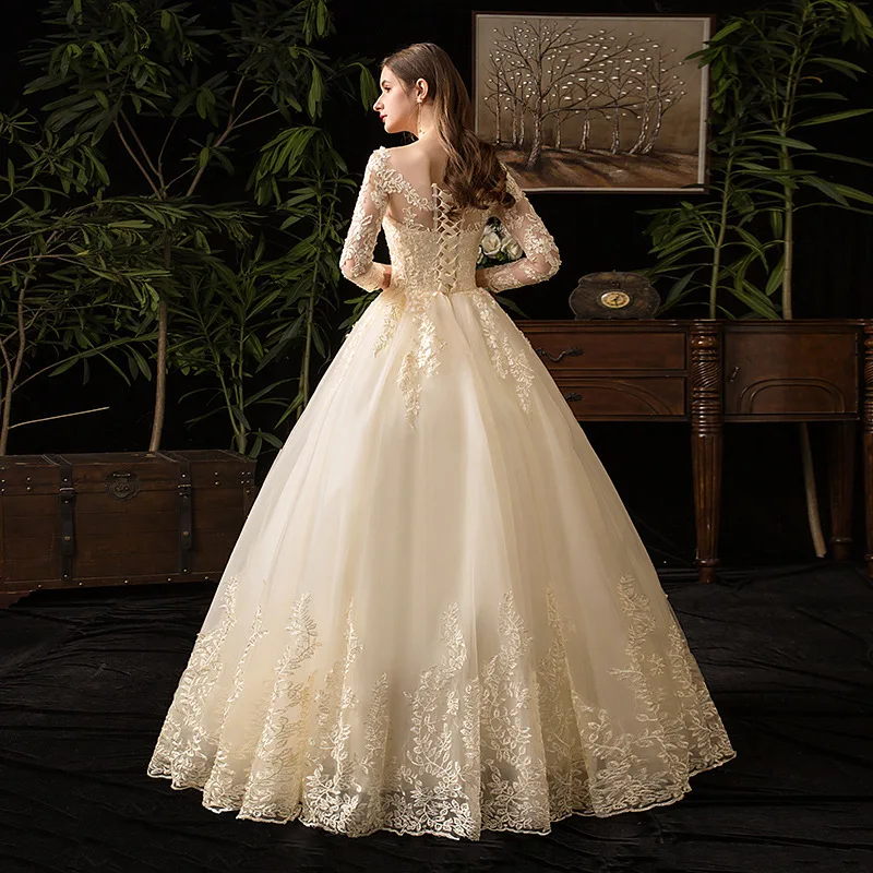 Full Sleeve Classic Champagne Bridal Ball Gown Princess Wedding Bridesmaid Dress