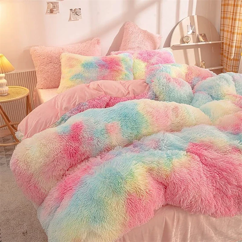Ultra Soft Long Hair Shaggy and Bed Sheets Colorful Tie Dye Velvet Bed Linen Bedding Set
