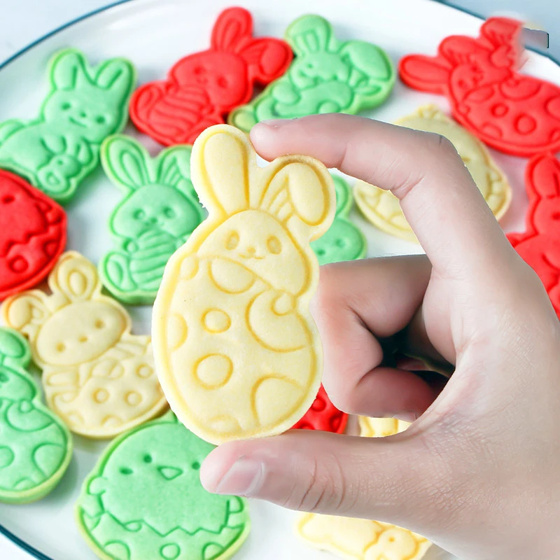 8Pcs/Set Easter Cookie Mold Egg Rabbit Biscuit Cutter Baking Tools Plunger Stamp Die Food Grade Plastic Fondant Cake Tools
