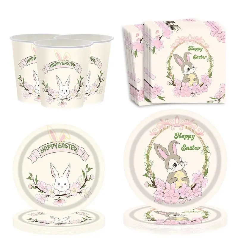 Wholesale Pink Happy Easter Birthday Party Set Theme Tableware Party Supplies Whole Party Set For 20 Guests
