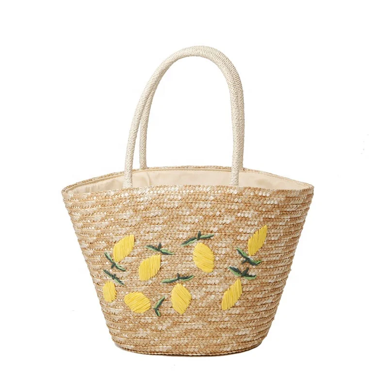 Firm And Shaped Vegetable Basket Pure Hand-Embroidered Lemon Single Shoulder Straw Bag