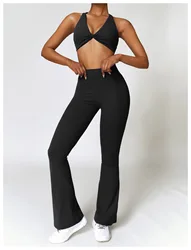 Ptsports  high quality cross bra and bell bottom pants yoga gym fitness set gym clothing activewear training suit