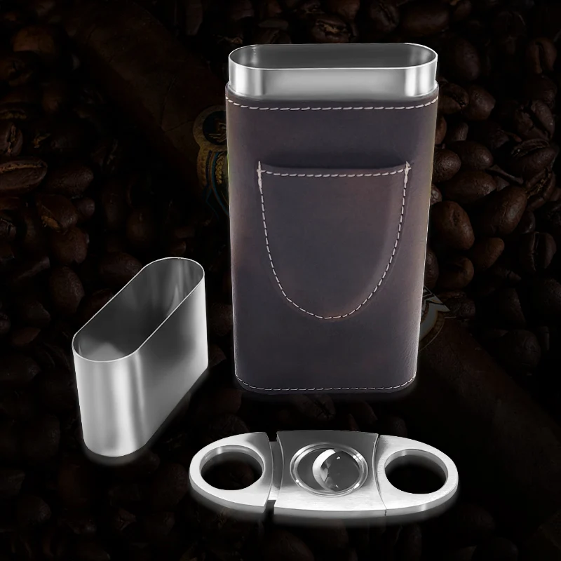 Vanace Chinese factory travel leather cigar case Travel Humidor Cabinet Luxury 3 Finger Leather Cigar Case with Cutter