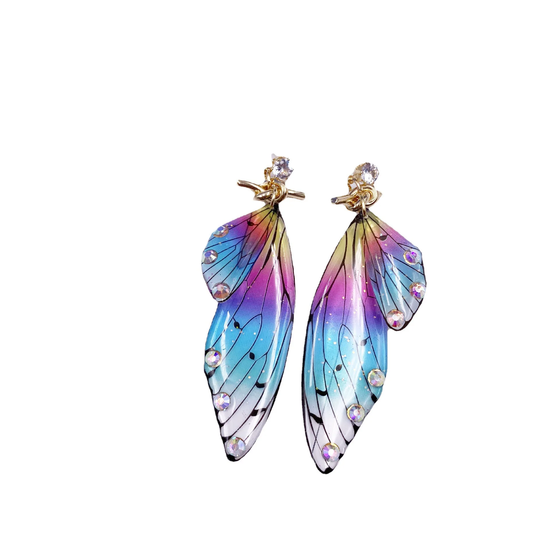 S925 needle crystal personality butterfly cicada wings gradient color fresh Earrings