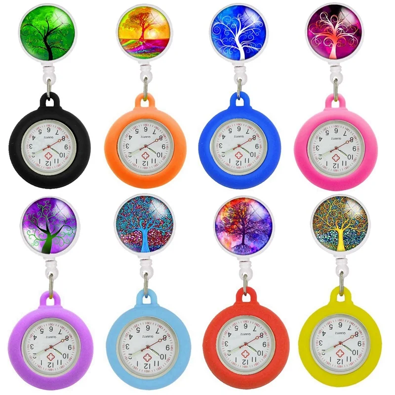 Fashion Life Trees  Colourful Retractable Nurse Doctor Pocket Watch Hospital Medical Hang Gift Badge Reel Clips Quartz Watches