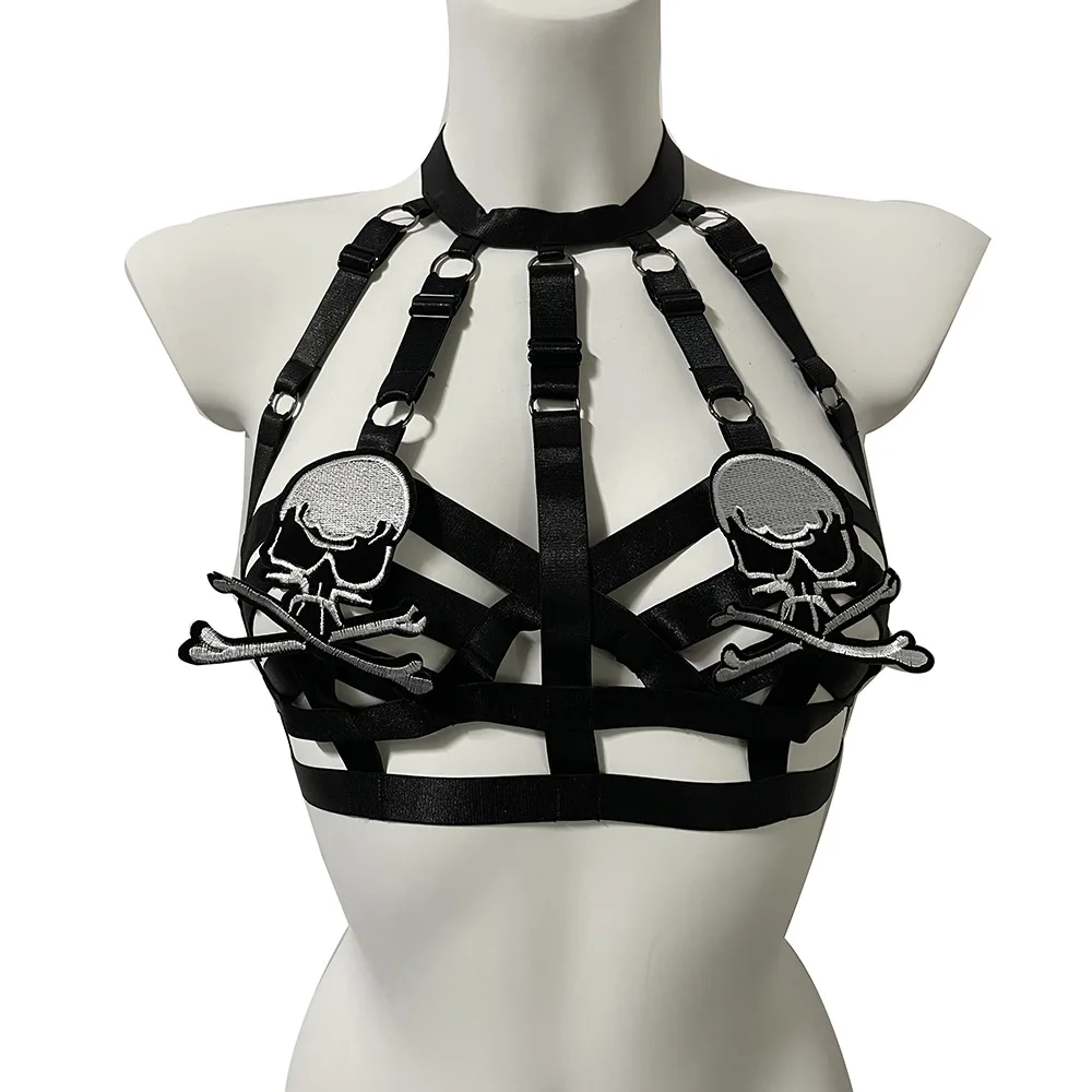 Gothic Woman sexy Wild Lingerie Elastic Bondage Body Harness Cage Bra Halloween Skull  rave outfit Nightclub Dance BDSM Hot Bra