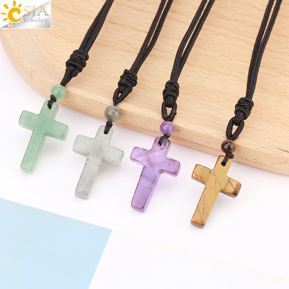 CSJA Hot Energy Reiki Healing Crystal Tiger Eye Amethysts Natural Stone Cross Pendant Amulet Necklace Jewelry for Men Women H254