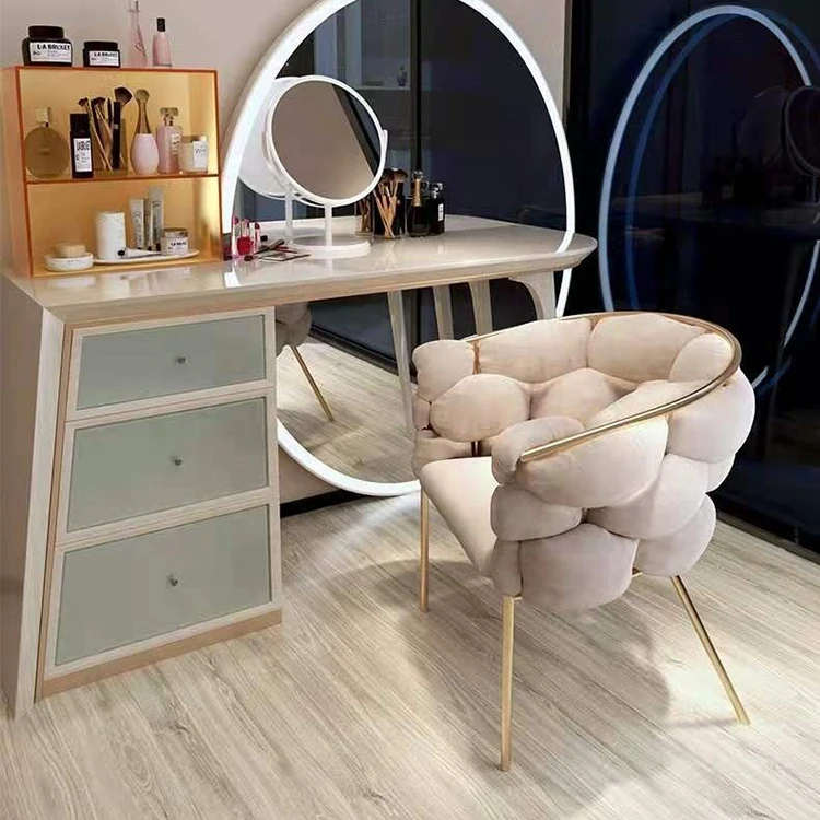 Nordic velvet  beige tufted gold stainless steel leg minimalist dinning chair make up chair