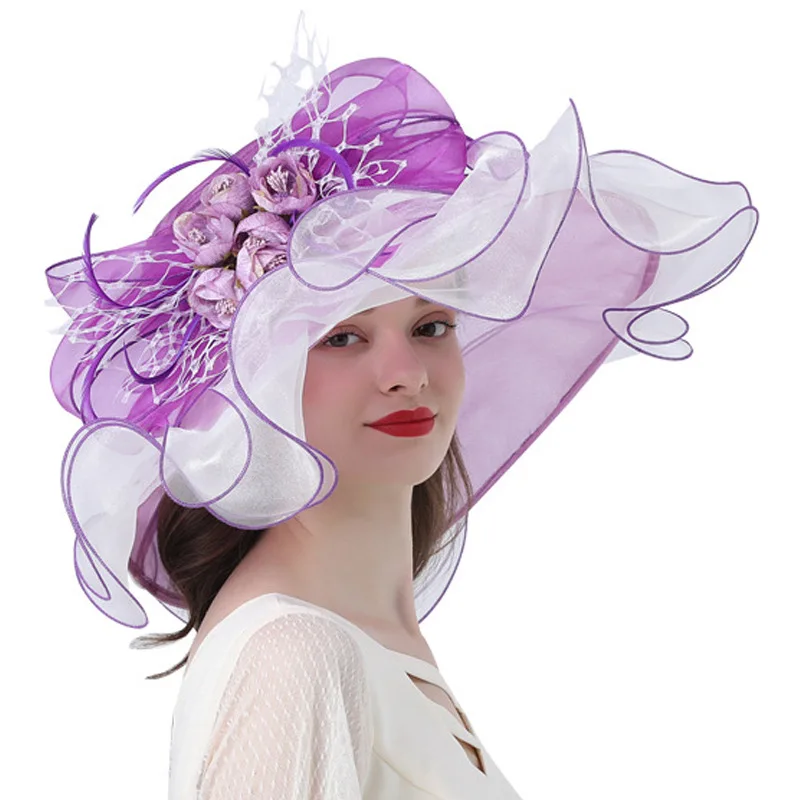 Women Sun Hat Ruffles Brim Organza Church Wedding Dress Party Hat With Detachable Flower
