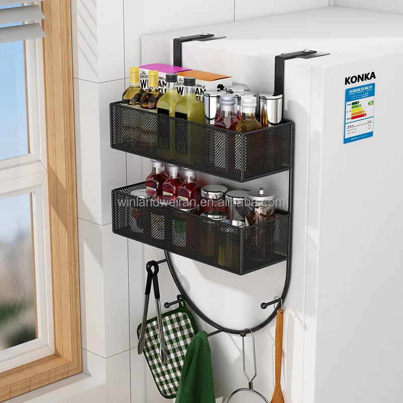 New in 2024 Metal Wire Refrigerator Hanging Basket stick on refrigerator With Hook