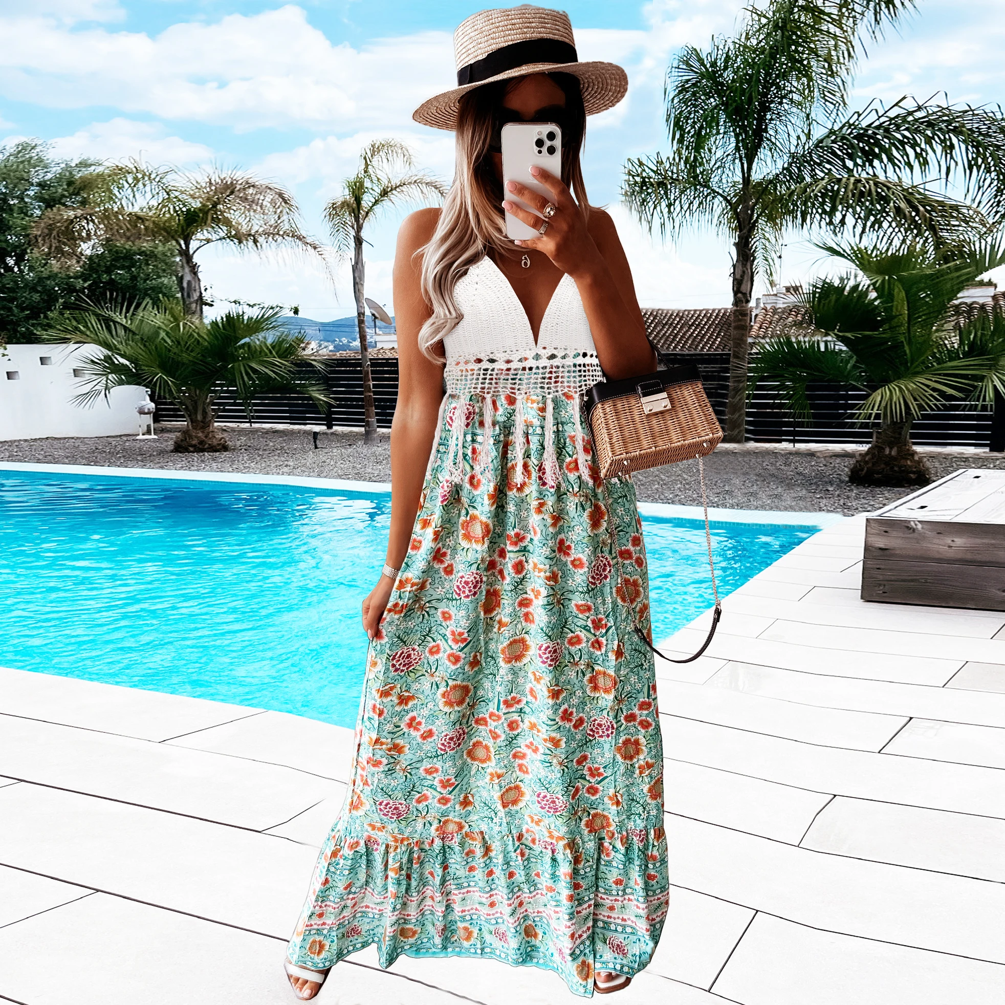 2022 Summer Floral Print Patchwork Crochet Top Bra Sexy Halter Lace Up Backless Beach Bohemian Tassel dress Casual Dresses