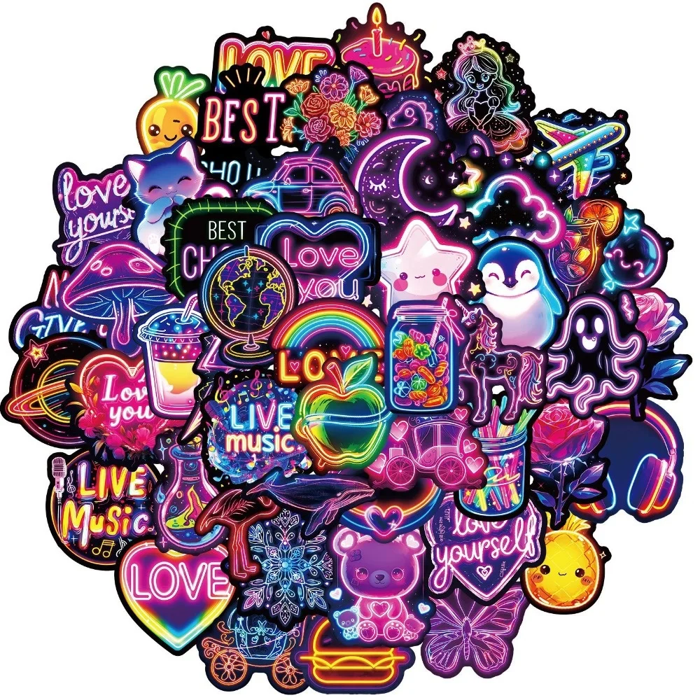 50pcs/Bag, Neon Hand-painted Waterproof Stickers with Cool Dark Purple Personality Decorative Stickers, T01042238